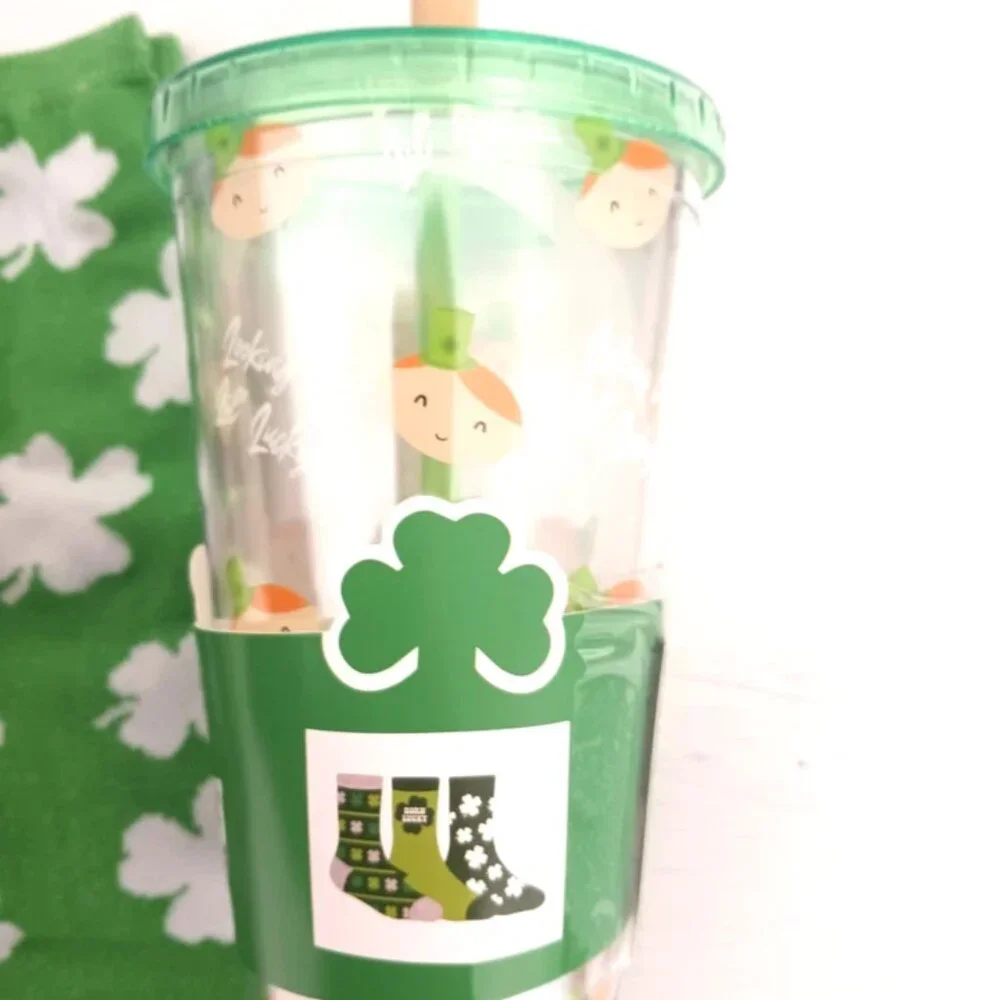 St. Patrick's Day Born Lucky Youth 3-Pack Socks + Reuseable Cup -New Tags
